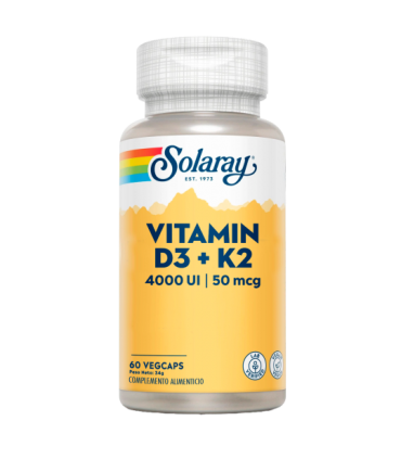 Vitamina D3 + K-2 (MK7) - 60 VegCaps. Sin soja. Sin gluten.Solaray