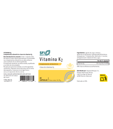 Vitamina K2 SFI Health 60 cápsulas | Salud ósea y cardiovascular