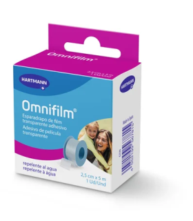 Esparadrapo hipoalergénico Omnifilm transparente 5 metros x 2,5 cm para fijación de apósitos cánulas y sondas Hartmann